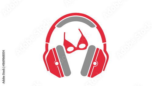 Red headphones with a mask icon on for music and privacy concept