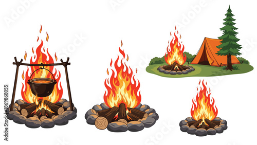 Outdoor camping scene showing various campfires with one used for cooking and another next to a mountain tent.