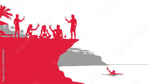 Silhouette of people on cliff edge watching person jump into water below