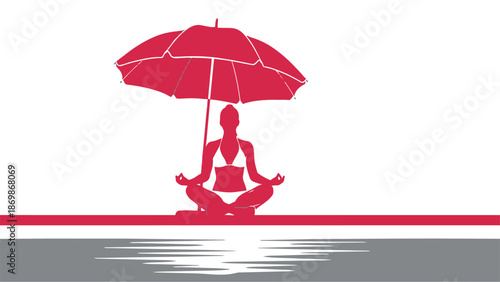 Woman meditating under umbrella on waters edge in pink silhouette