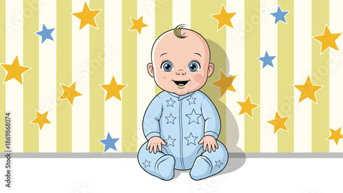 Adorable happy baby sitting on a floor wearing blue pajamas with a star pattern against a vertical striped wallpaper.