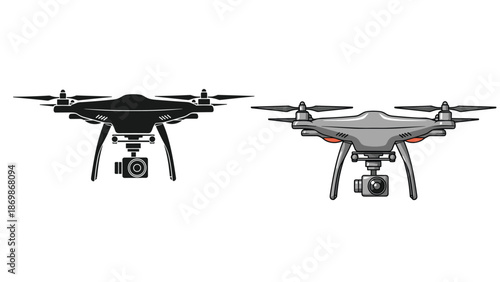 Comparison between a black drone silhouette and a realistic silver quadcopter equipped with a high-definition camera.