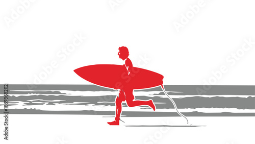 Red silhouette of a surfer running on the beach with surfboard