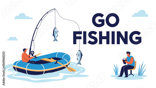 Recreational fishing activities showing people in a boat and on the shore with the motivational text go fishing.