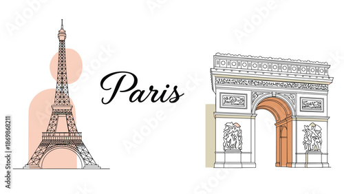 Iconic symbols of Paris including the Eiffel Tower and the Arc de Triomphe sketched with artistic lines and soft colored shapes for travel.