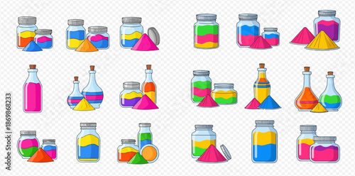 Set of colorful pigments in jars and bottles with powder piles on transparent background.