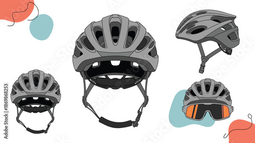 Professional bicycle helmets shown from different perspectives including front side and top views for cycling safety and gear illustration.
