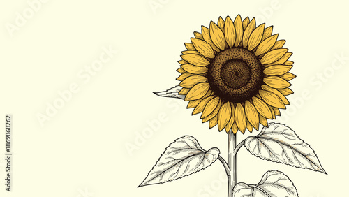 Beautiful hand-drawn sunflower illustration with vibrant yellow petals and a dark center on a light cream background.