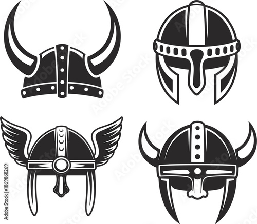 Set of viking and medieval helmet silhouettes, black and white warrior headgear icons with horns and wings