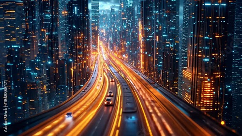 A high-angle, static shot of a futuristic city highway at night with fast-moving traffic.
