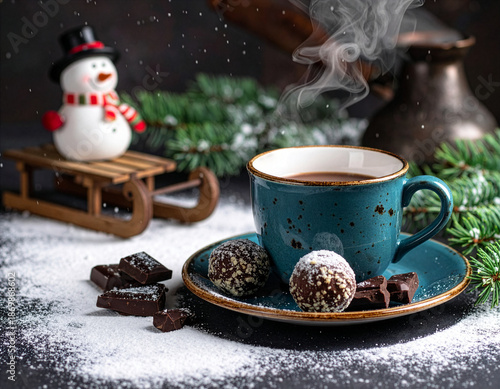 Wallpaper Mural Schokoladen Schneebälle mit einer winterlichen Tasse dampfender Trinkschokolade auf einem nostalgischen Teller und nostalgischen Schneemännern auf einem Schlitten mit Schneeflocken Torontodigital.ca