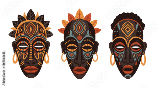 Trio of traditional african tribal masks with intricate colorful patterns and feather details used for cultural celebrations and decorations.