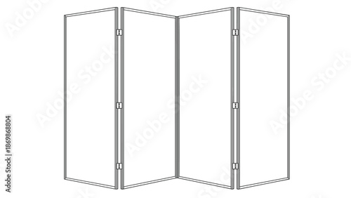Minimalist line drawing of a four panel folding room divider or screen used for interior design and privacy in residential or office space.