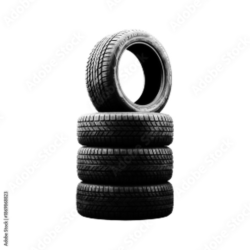 Black and white halftone illustration of stacked car tires with one tire standing upright. Automotive concept representing wheels, spare tires, vehicle maintenance, and transport industry.