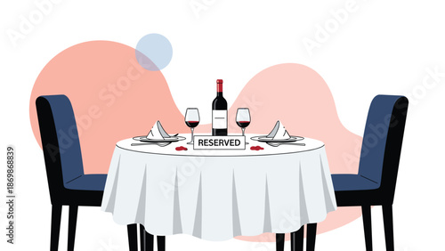 Elegant restaurant table set with a reserved sign wine bottle glasses and napkins ready for a romantic dinner on a decorative background.