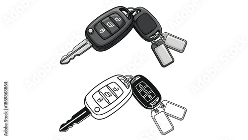 Two sets of car keys with remote entry fobs and blank identifier tags shown in both grayscale and outline styles.