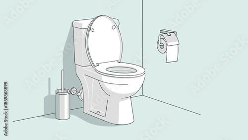 Modern white bathroom toilet unit with a lid open including essential accessories like a cleaning brush and a roll of toilet paper nearby.