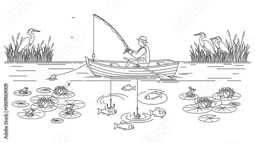Serene fisherman in a boat on a peaceful lake with lily pads and birds