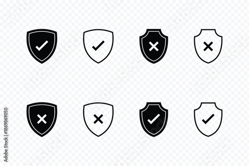 Shield & Security Icon Set. Check Mark, Cross, Lock, and Protection Symbols. Shield icons showing approved and rejected status. Two shields. a green checkmark and a red cross for approved and rejected