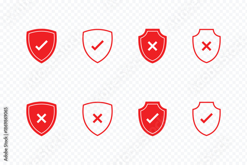 Shield & Security Icon Set. Check Mark, Cross, Lock, and Protection Symbols. Shield icons showing approved and rejected status. Two shields. a green checkmark and a red cross for approved and rejected