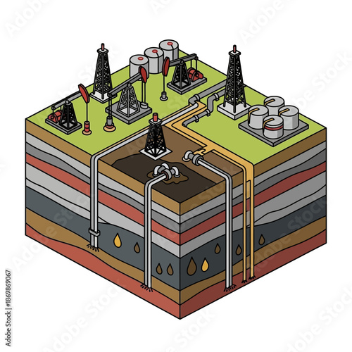 Oil Rig Extraction Process Diagram Illustration.