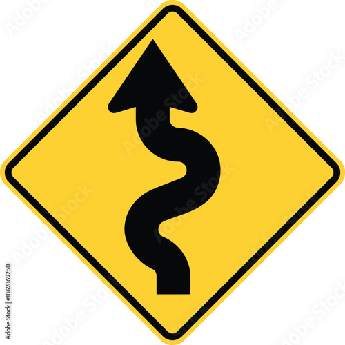 Winding Road Traffic Sign with Arrow Indicating Curvy Path