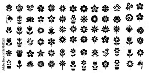 Flower silhouette icon set with floral symbols, blossoms, plants and decorative flowers in black