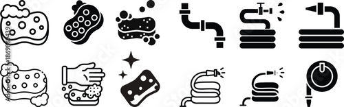 Soap cleaning icons in different styles. Simple icon design Sponge Icon Style Set Cleaning sponge icon set in outline and flat style , vector illustration. Bath sponge icon collection with pipe icons