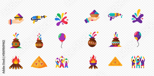 Holi Festival flat icons set with colorful elements like powder, water gun, bonfire, and sweets.