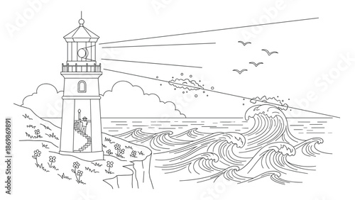 Serene lighthouse standing tall on rugged coastline with crashing waves and seagulls flying overhead