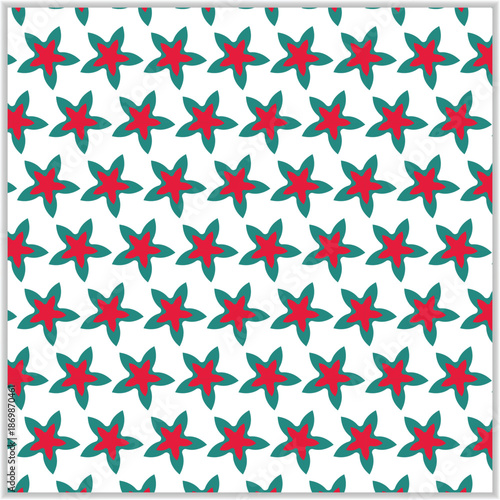 Vibrant floral pattern with red flowers and green leaves on white background