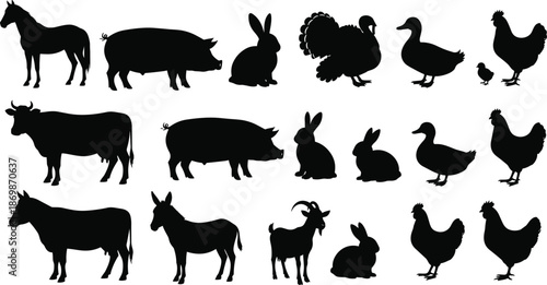 Black silhouettes of farm animals including cow, horse, pig, goat, rabbit, and poultry, isolated on white background for livestock agriculture design.