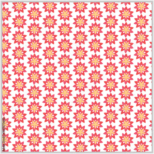 Vibrant floral pattern with intricate orange pink and yellow designs on a white background