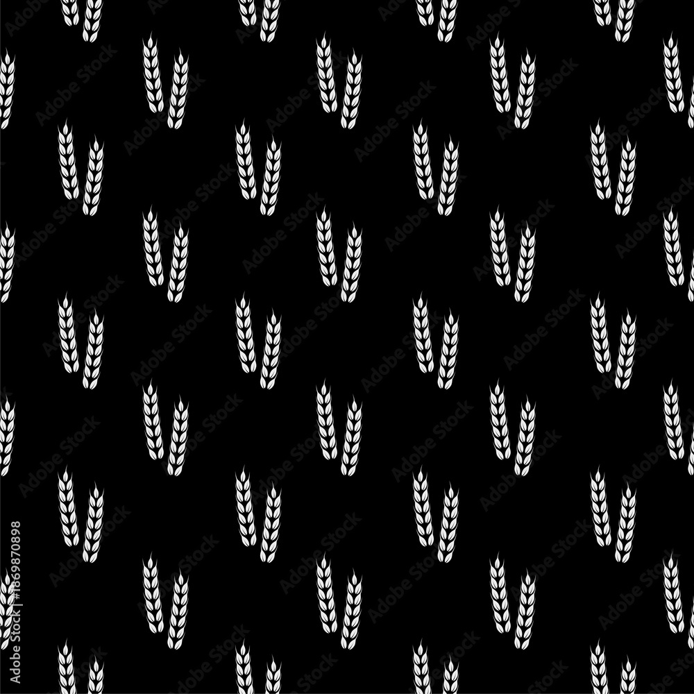 Fototapeta premium Wheat and rye ears icon seamless pattern isolated on black background