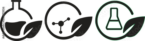 Green Chemistry and Eco Laboratory Icons Featuring Leaf, Molecular Structure and Flask Symbols for Sustainable Science, Environmental Research and Clean Technology Concepts