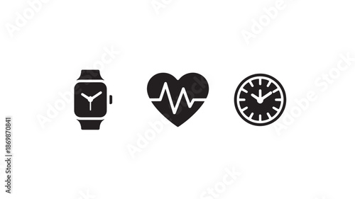 Smartwatch icons in minimalist design with black color on white background for health and fitness app