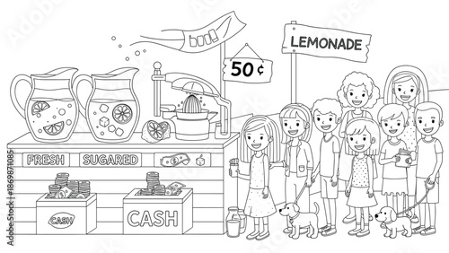 Happy kids running a refreshing lemonade stand on a sunny day with friends and dog