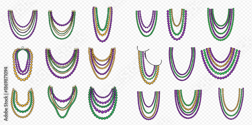 Mardi Gras beads vector set, purple, green, and gold necklaces for carnival celebration.