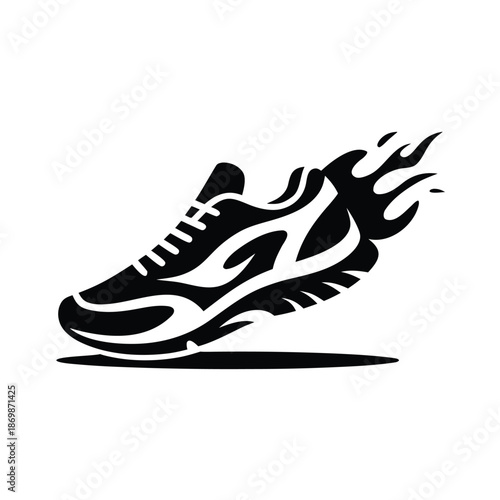 Speedy sneaker icon with flame effect for athletic performance and rapid movement concepts in clean vector line art style