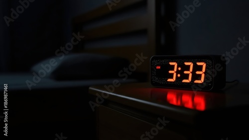 Digital alarm clock showing 3:33 am on a nightstand beside a bed in a dark room. Concept of insomnia, early morning, or disturbed sleep.