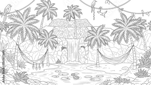 Tropical paradise with waterfall and hammocks