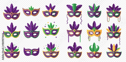 Mardi Gras carnival masks set with feathers and beads, festive costume accessories for celebration.