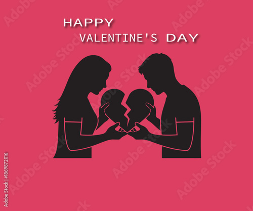 Couple with heart shape and happy valentine s day text on red background.