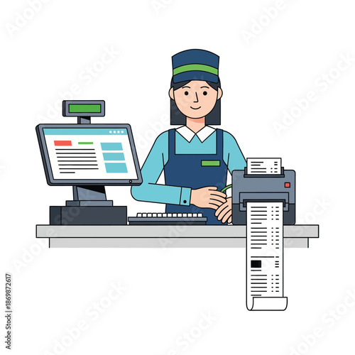 A cashier operating a computer system at a checkout counter in a retail store environment