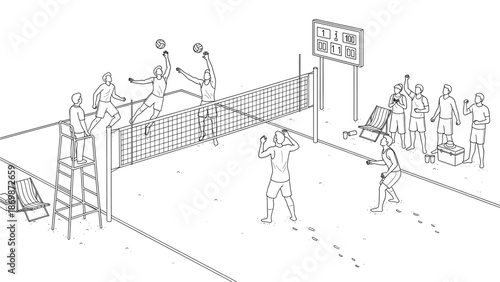 Beach volleyball players in action with spectators and scoreboard