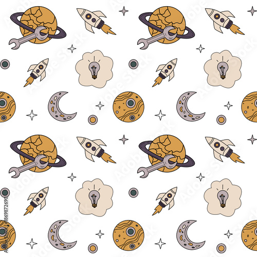 Seamless space pattern with planets, rockets, moon, stars and idea symbols on white background. Cute illustration for kids designs, textiles, wallpapers and creative prints.