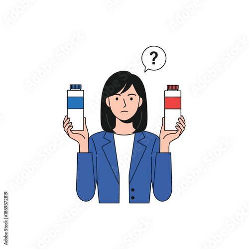 A woman in a blue blazer holding two tubes and contemplating the difference between them with a thoughtful expression
