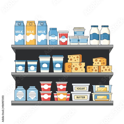 Dairy products neatly arranged on a supermarket shelf, showcasing various items for consumption in a retail environment from a frontal viewpoint.