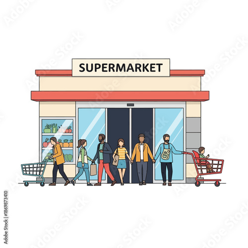 People entering a supermarket with shopping carts on a modern street