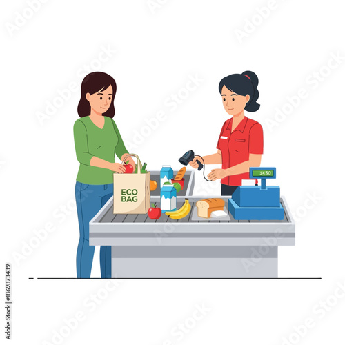 Customer purchasing groceries at a checkout counter with cashier